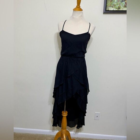 GUESS Chiffon Maxi Dress Ruffled high-low hem Asymmetrical Black size XS - Picture 3 of 17